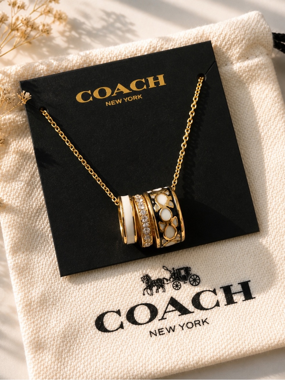 Coach Triple Ring Pendant Necklace Gold White Enamel Crystal NWT Gift